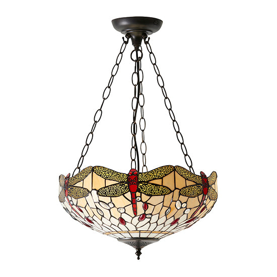 Dragonfly Medium Inverted Beige Tiffany Glass 3 Lights Ceiling Pendant Light In Dark Bronze