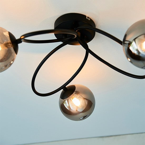 Ellipse 3 Lights Smoked Mirrored Glass Shades Semi Flush Ceiling Light In Satin Black