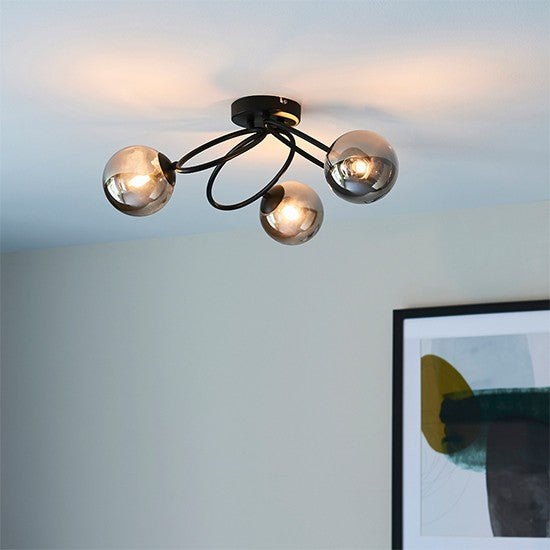 Ellipse 3 Lights Smoked Mirrored Glass Shades Semi Flush Ceiling Light In Satin Black