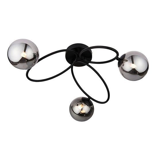 Ellipse 3 Lights Smoked Mirrored Glass Shades Semi Flush Ceiling Light In Satin Black