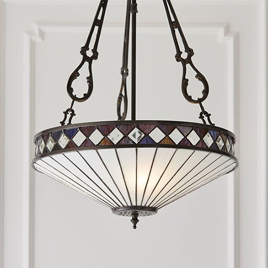 Fargo Medium Inverted 3 Lights Tiffany Glass Ceiling Pendant Light In Dark Bronze