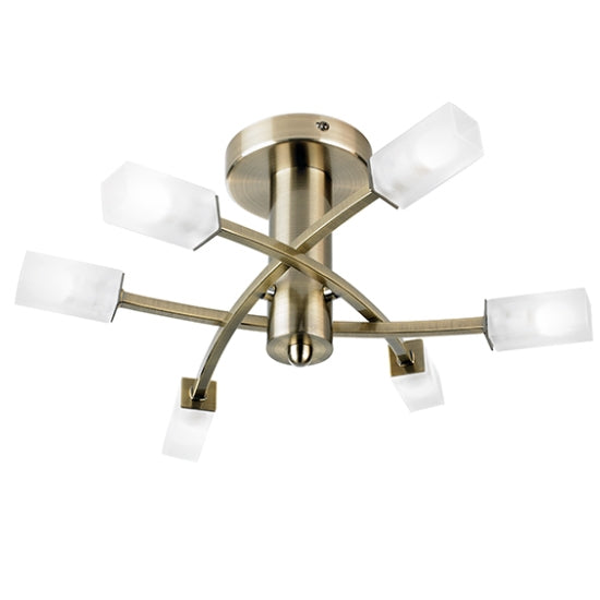 Havana 6 Lights Frosted Glass Semi Flush Ceiling Light In Antique Brass