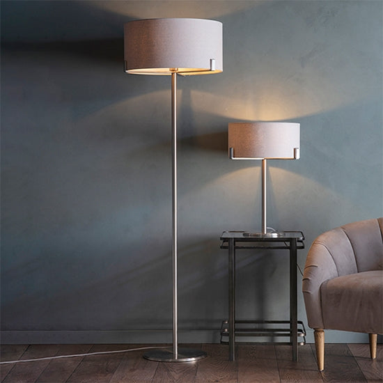 Hayfield Pale Grey Cylinder Shade Floor Lamp In Nickel