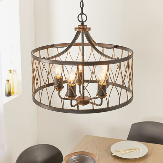 Heston 5 Lights Ceiling Pendant Light In Matt Black And Rustic Bronze