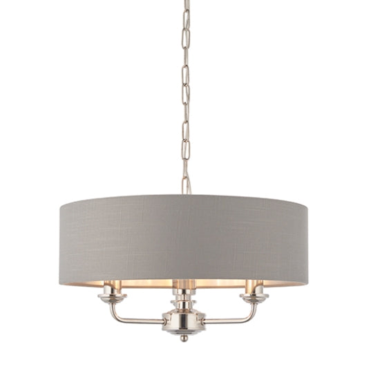 Highclere 3 Lights Charcoal Linen Shade Ceiling Pendant Light In Bright Nickel