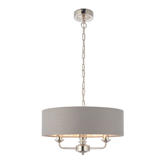 Highclere 3 Lights Charcoal Linen Shade Ceiling Pendant Light In Bright Nickel