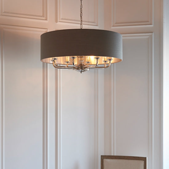 Highclere 6 Lights Charcoal Fabric Shade Ceiling Pendant Light In Bright Nickel