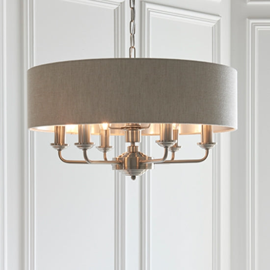 Highclere 6 Lights Natural Fabric Shade Ceiling Pendant Light In Bright Chrome