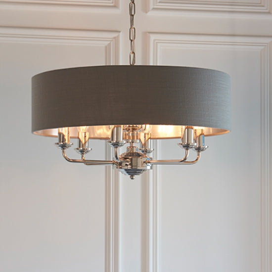 Highclere 8 Lights Charcoal Fabric Shade Ceiling Pendant Light In Bright Nickel