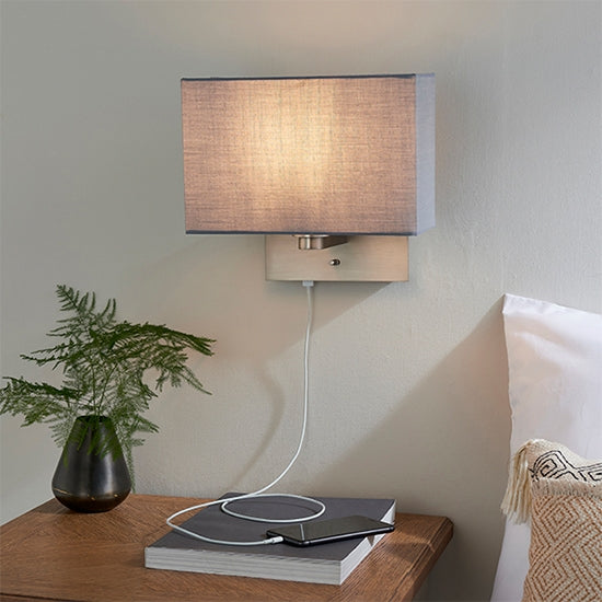 Issac Rectangular Cool Grey Shade Wall Light With USB In Matt Nickel