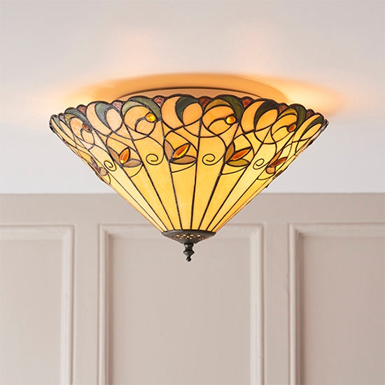 Jamelia Medium 2 Lights Tiffany Glass Flush Ceiling Pendant Light In Dark Bronze