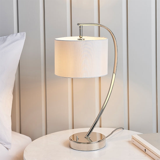 Josephine Vintage White Fabric Shade Table Lamp In Bright Nickel