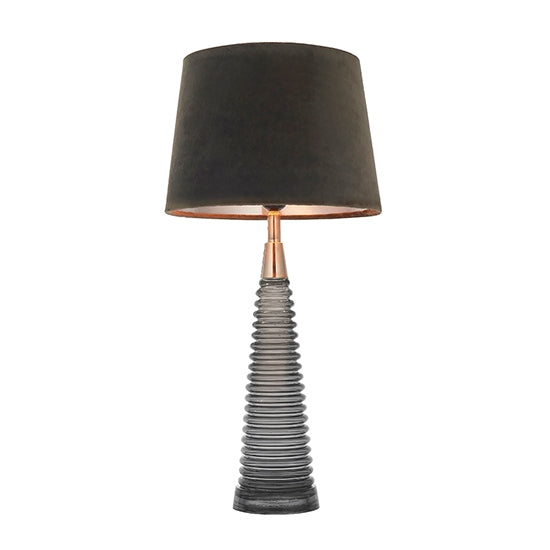 Naia Mocca Velvet Shade Table Lamp In Dark Grey Ribbed Glass Base