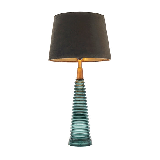 Naia Mocca Velvet Shade Table Lamp In Teal Ribbed Glass Base