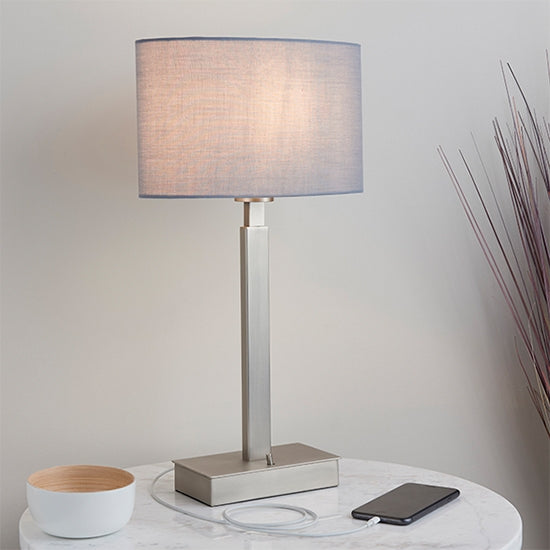 Norton Grey Ellipse Shade Table Lamp With USB In Matt Nickel