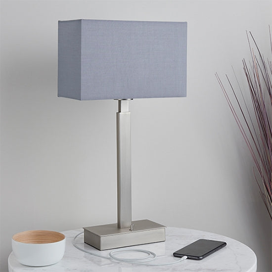 Norton Rectangular Grey Shade Table Lamp With USB In Matt Nickel