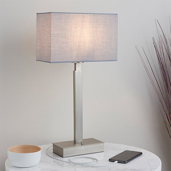 Norton Rectangular Grey Shade Table Lamp With USB In Matt Nickel