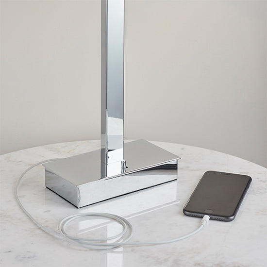 Norton Rectangular Grey Shade Table Lamp With USB In Polished Chrome