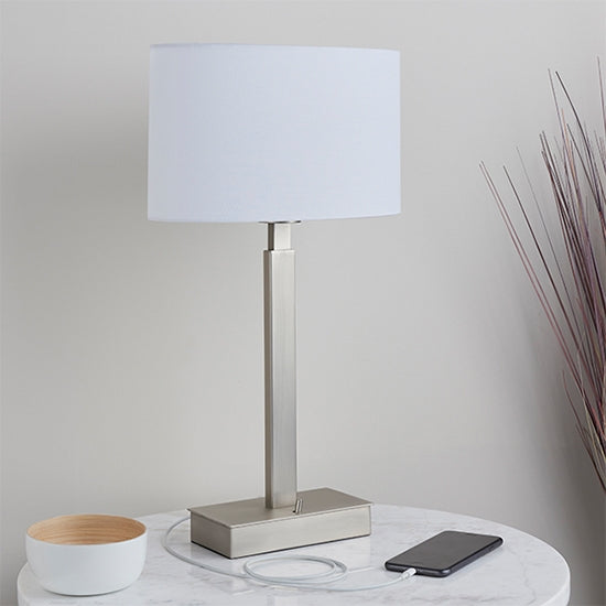 Norton Vintage White Ellipse Shade Table Lamp With USB In Matt Nickel