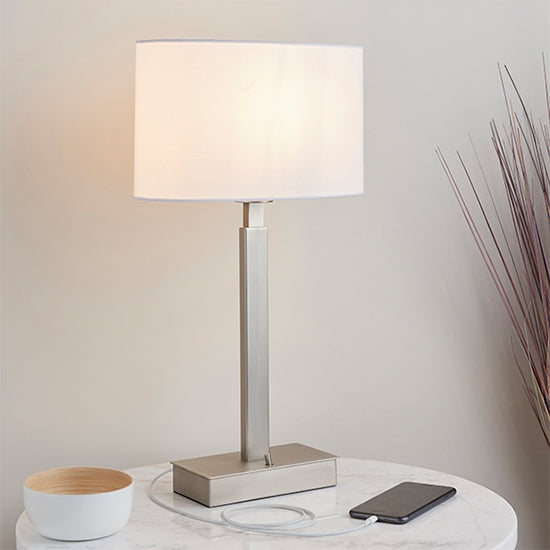 Norton Vintage White Ellipse Shade Table Lamp With USB In Matt Nickel