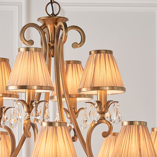 Oksana 12 Lights Beige Shades Ceiling Pendant Light In Antique Brass