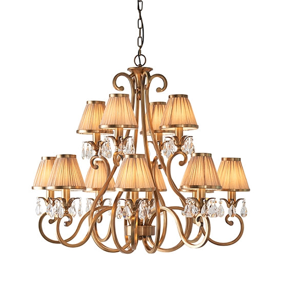 Oksana 12 Lights Beige Shades Ceiling Pendant Light In Antique Brass