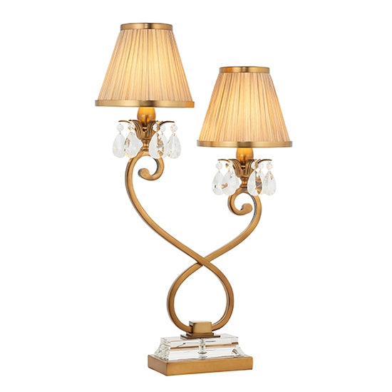 Oksana Twin Beige Shade Table Lamp In Antique Brass