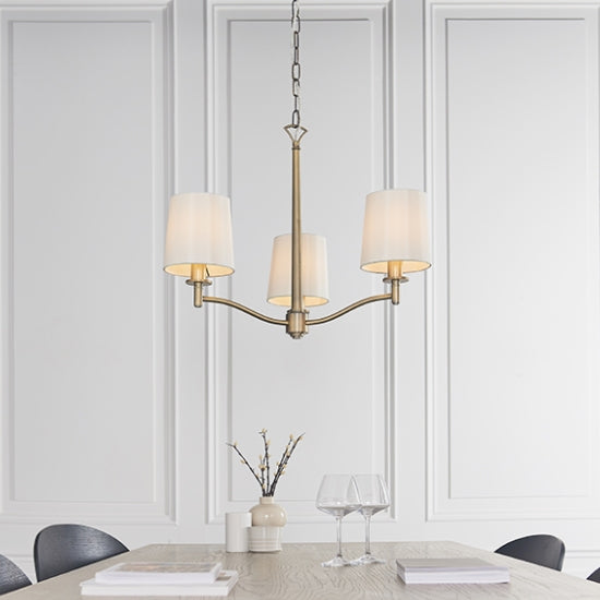 Ortona 3 Lights White Fabric Ceiling Pendant Light In Matt Antique Brass