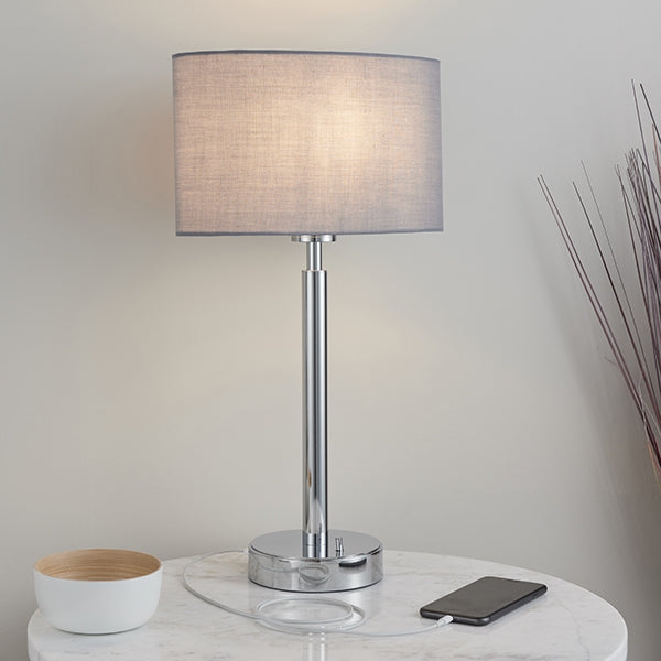 Owen Grey Ellipse Shade Table Lamp With USB In Polished Chrome