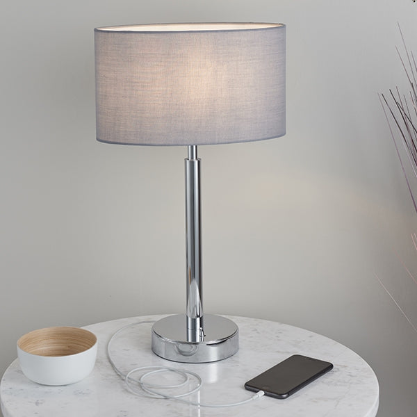 Owen Grey Ellipse Shade Table Lamp With USB In Polished Chrome