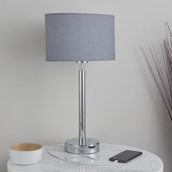 Owen Grey Ellipse Shade Table Lamp With USB In Polished Chrome