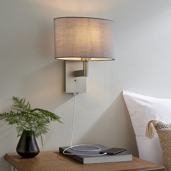 Owen Grey Ellipse Shade Wall Light With USB In Matt Nickel