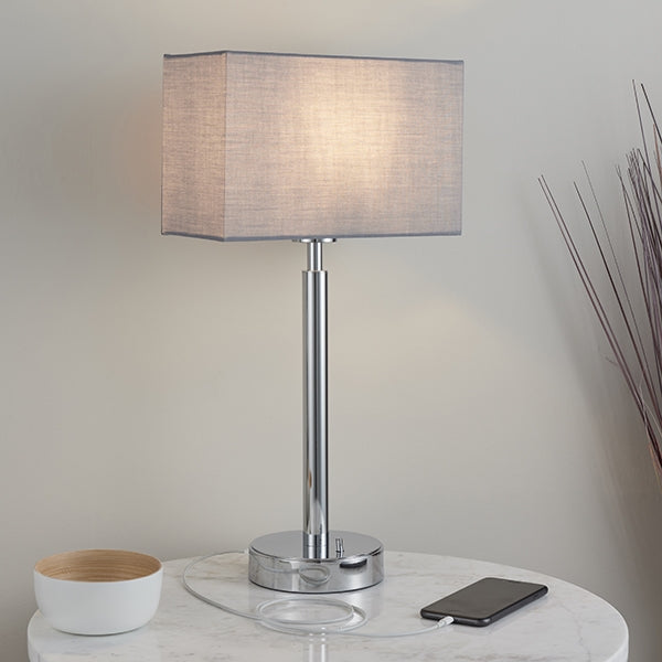 Owen Rectangular Grey Shade Table Lamp With USB In Polished Chrome