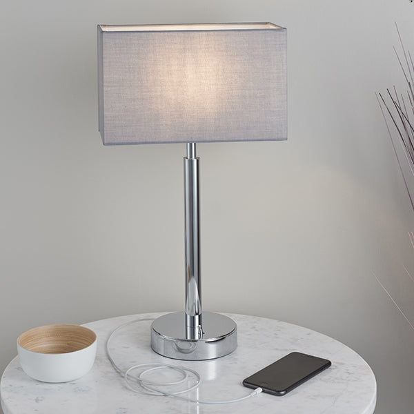 Owen Rectangular Grey Shade Table Lamp With USB In Polished Chrome