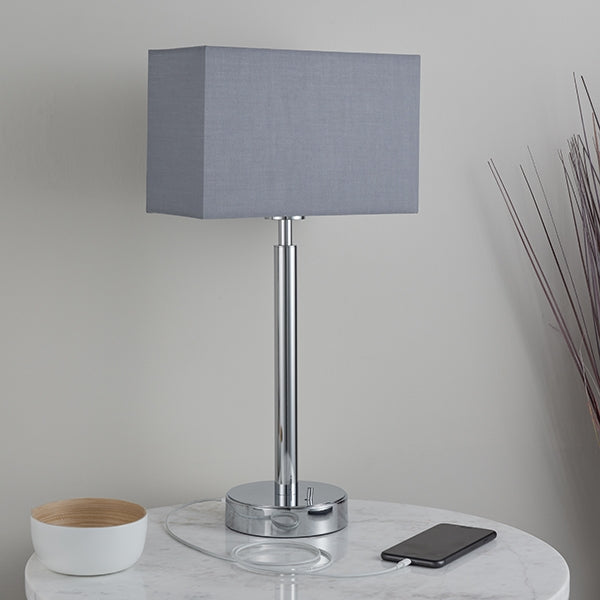 Owen Rectangular Grey Shade Table Lamp With USB In Polished Chrome