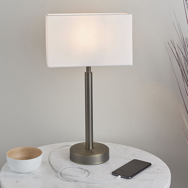 Owen Rectangular White Shade Table Lamp With USB In Dark Bronze