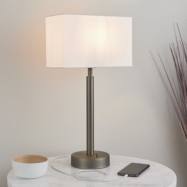 Owen Rectangular White Shade Table Lamp With USB In Dark Bronze