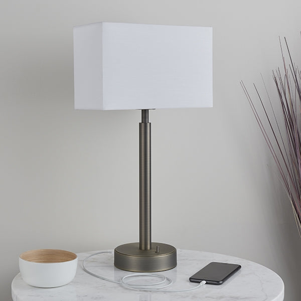 Owen Rectangular White Shade Table Lamp With USB In Dark Bronze