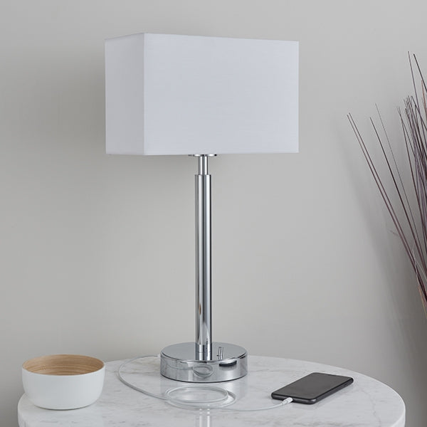 Owen Rectangular White Shade Table Lamp With USB In Polished Chrome