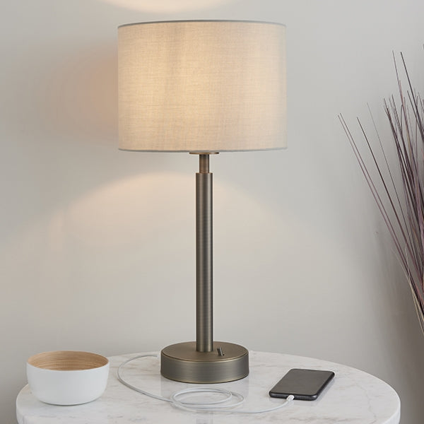 Owen Taupe Cylinder Shade Table Lamp With USB In Dark Bronze