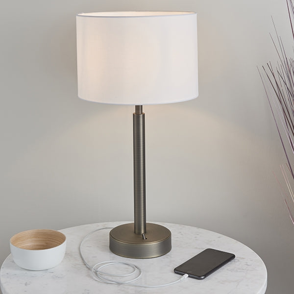 Owen White Cylinder Shade Table Lamp With USB In Dark Bronze