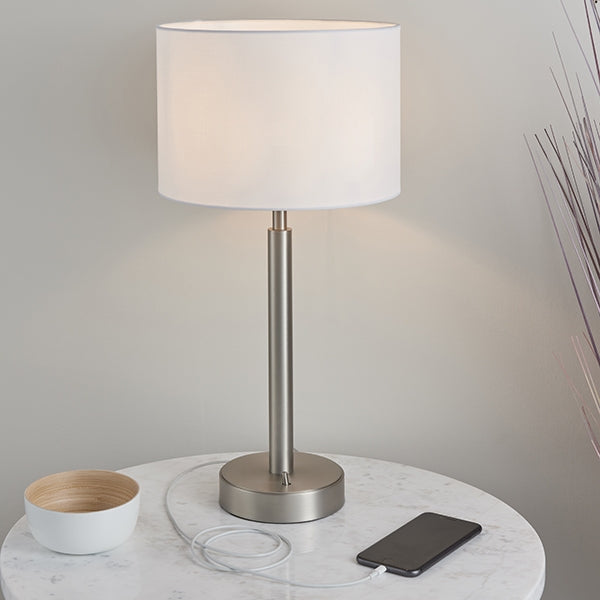 Owen White Cylinder Shade Table Lamp With USB In Matt Nickel