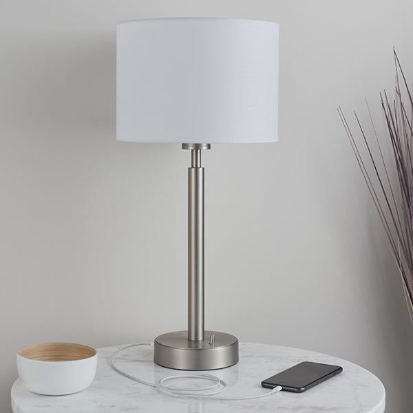 Owen White Cylinder Shade Table Lamp With USB In Matt Nickel