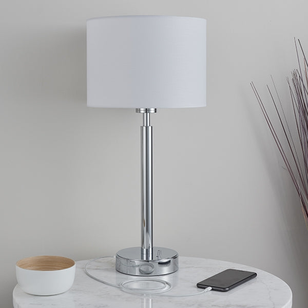 Owen White Cylinder Shade Table Lamp With USB In Polished Chrome