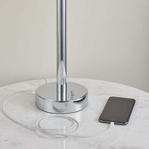 Owen White Cylinder Shade Table Lamp With USB In Polished Chrome