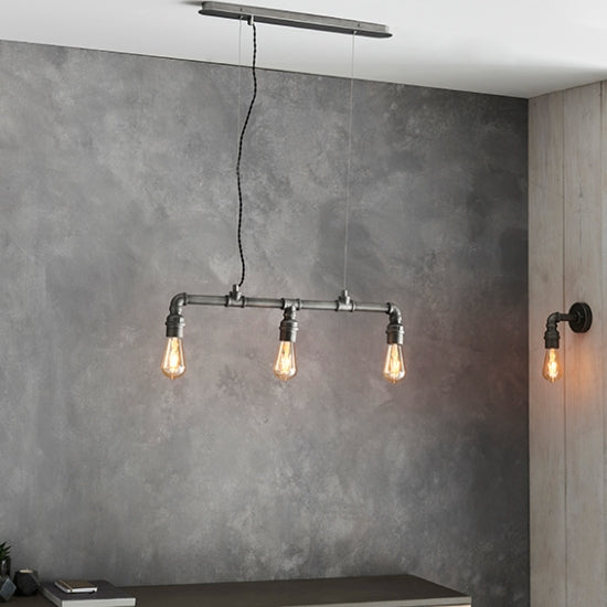 Pipe Industrial Designer 3 Lights Ceiling Pendant Light In Aged Pewter