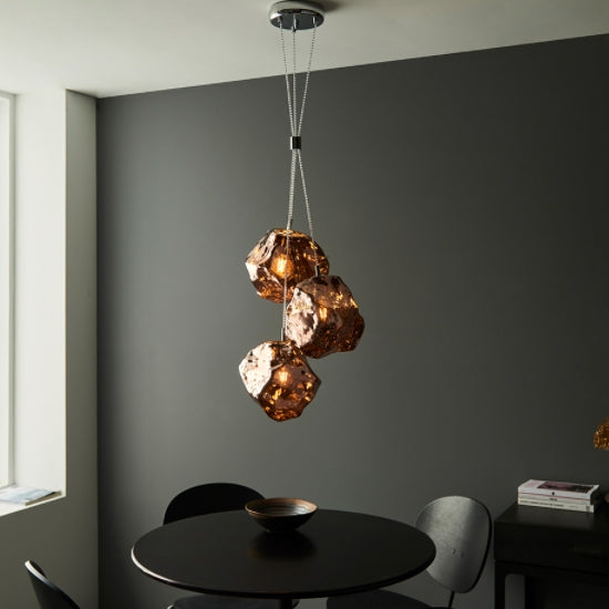 Rock 3 Lights Metallic Copper Glass Shade Ceiling Pendant Light In Chrome