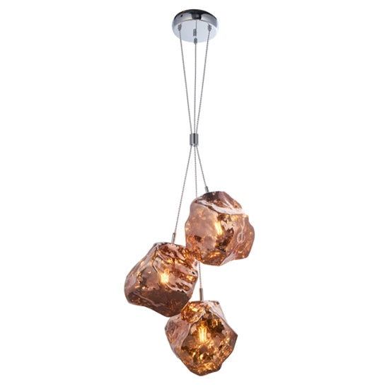 Rock 3 Lights Metallic Copper Glass Shade Ceiling Pendant Light In Chrome