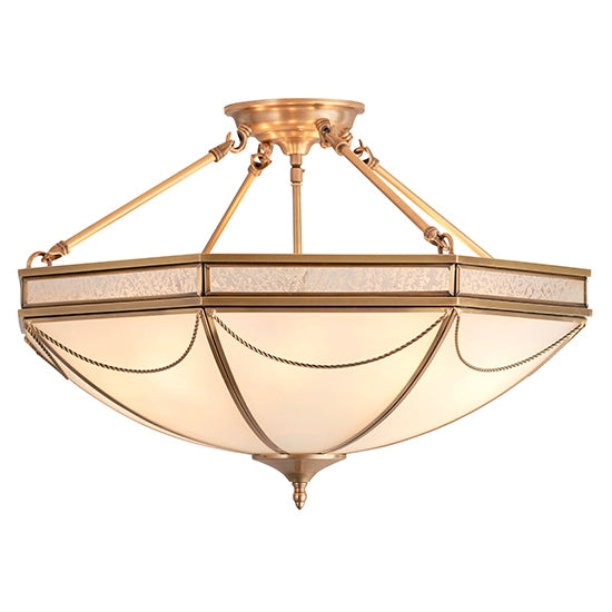 Russell 8 Lights Frosted Glass Semi Flush Ceiling Light In Antique Brass