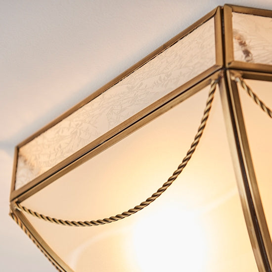 Russell Frosted Glass 3 Lights Flush Ceiling Light In Antique Brass